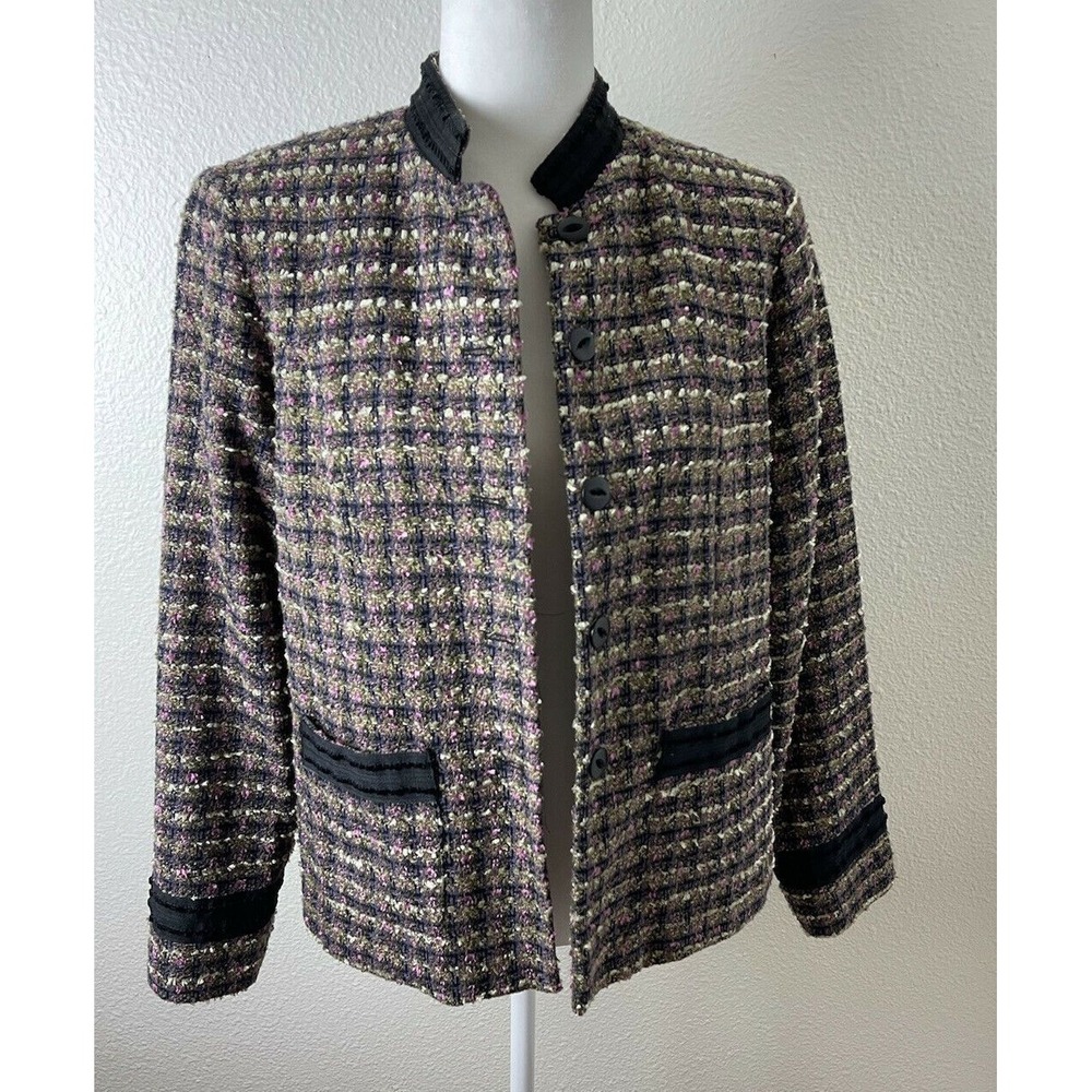 Cynthia Max‎ Blazer Size M Medium Purples Pink Black 3 Button Black Trim Acrylic